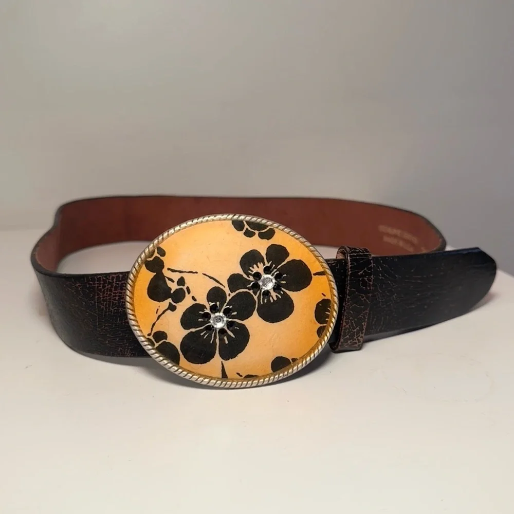 Vintage Crackled Black Leather Belt with Floral Buckle